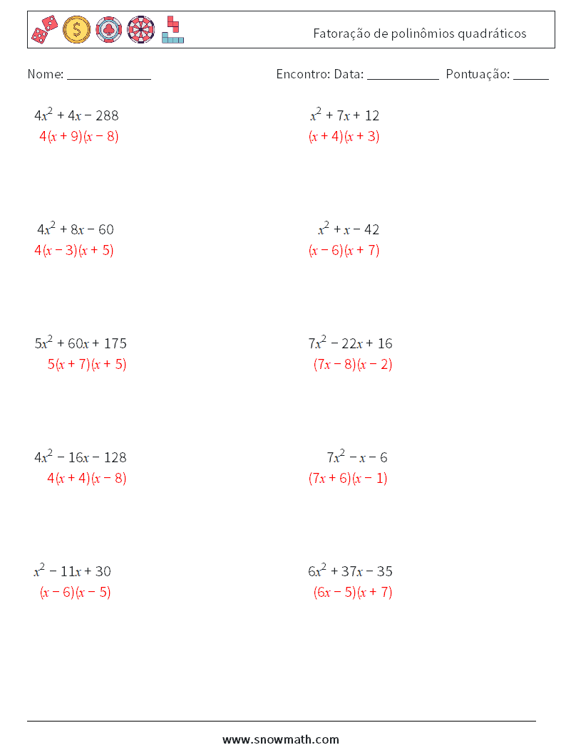 Fatoração de polinômios quadráticos planilhas matemáticas 8 Pergunta, Resposta