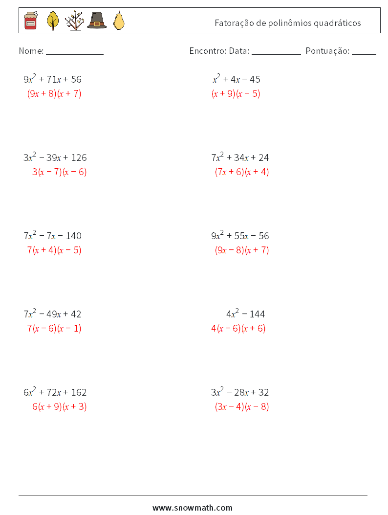 Fatoração de polinômios quadráticos planilhas matemáticas 9 Pergunta, Resposta