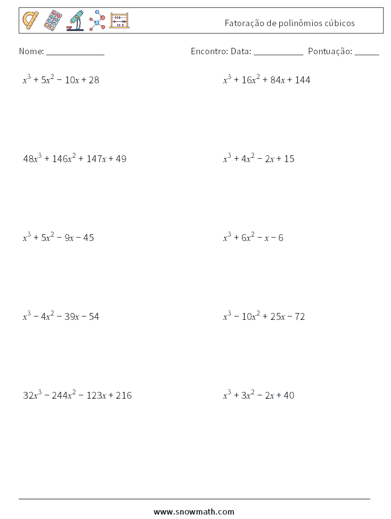 Fatoração de polinômios cúbicos planilhas matemáticas 3