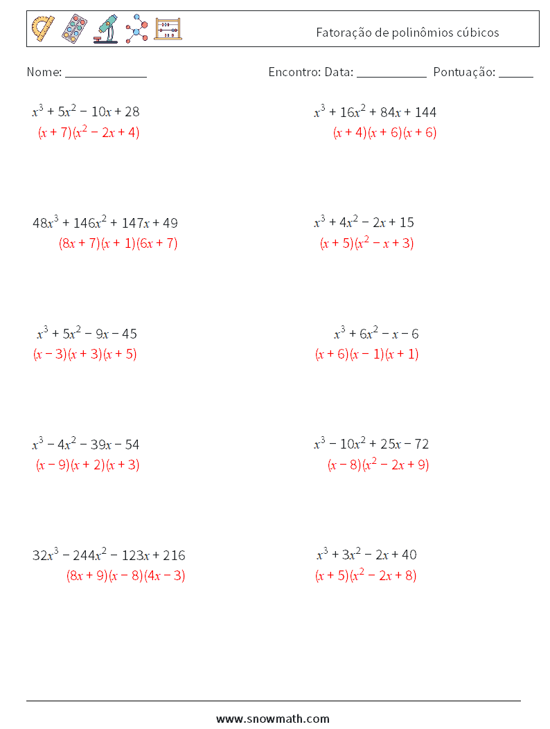 Fatoração de polinômios cúbicos planilhas matemáticas 3 Pergunta, Resposta