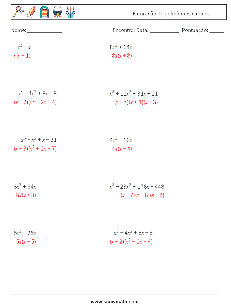 Fatoração de polinômios cúbicos planilhas matemáticas 4 Pergunta, Resposta