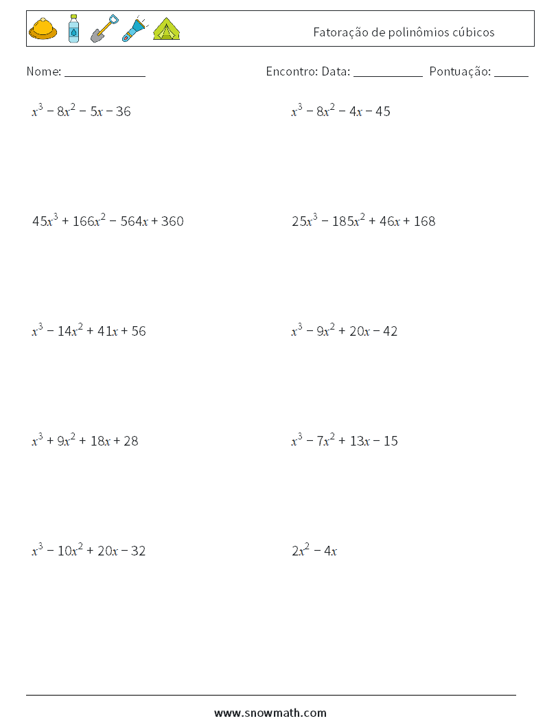 Fatoração de polinômios cúbicos planilhas matemáticas 5