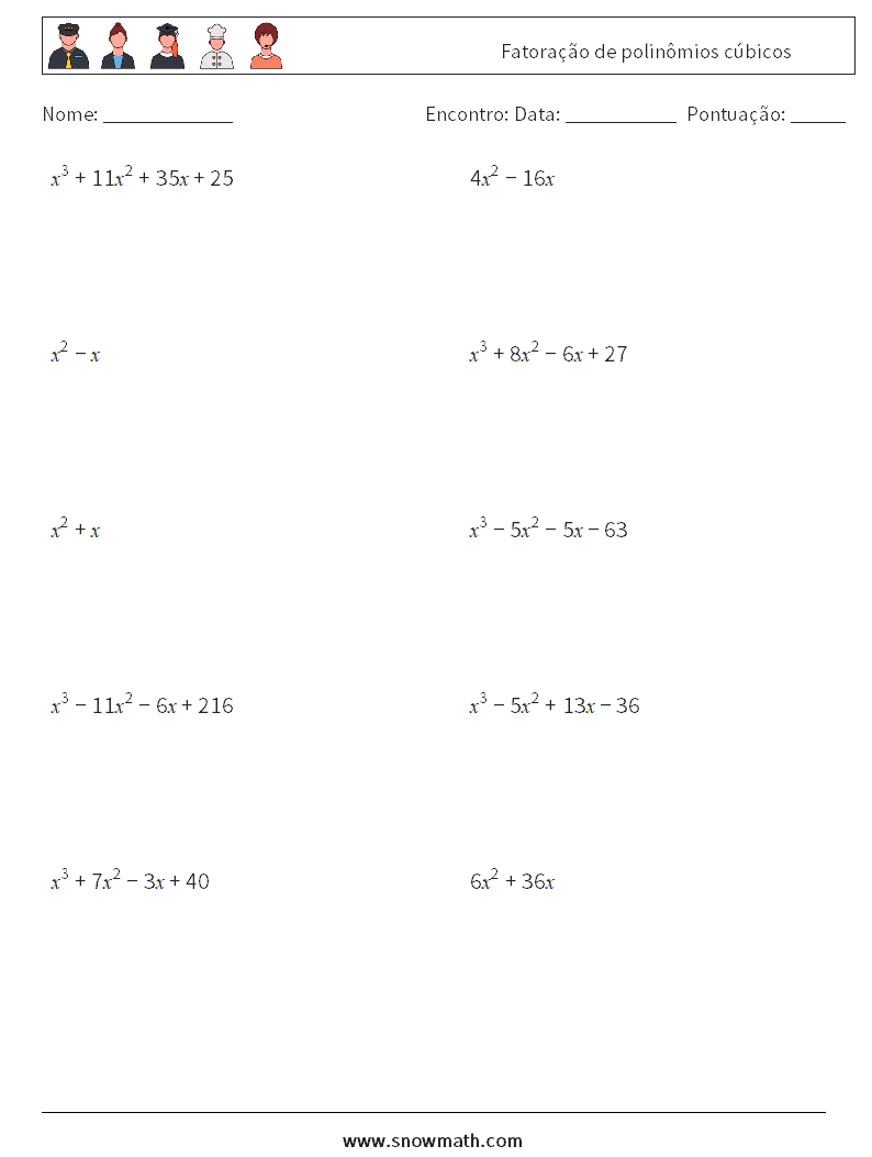 Fatoração de polinômios cúbicos planilhas matemáticas 6