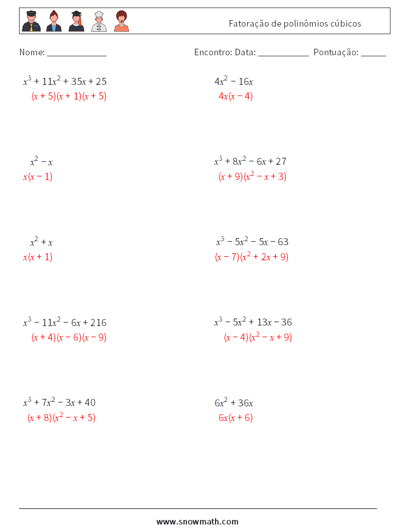 Fatoração de polinômios cúbicos planilhas matemáticas 6 Pergunta, Resposta