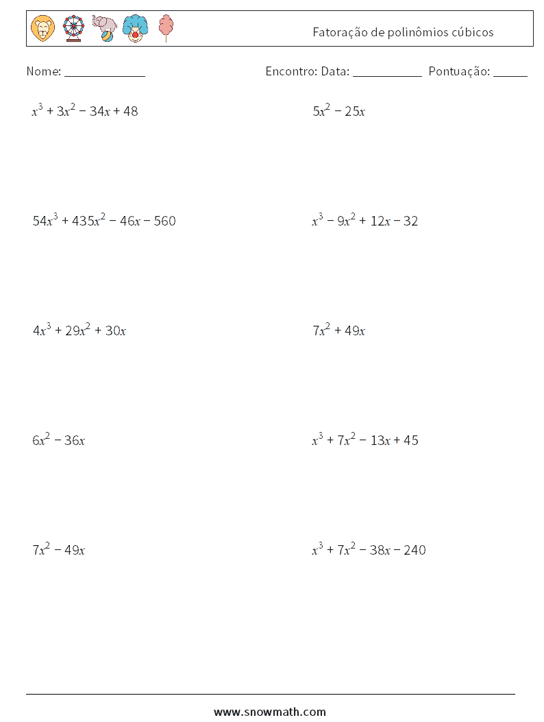 Fatoração de polinômios cúbicos planilhas matemáticas 7