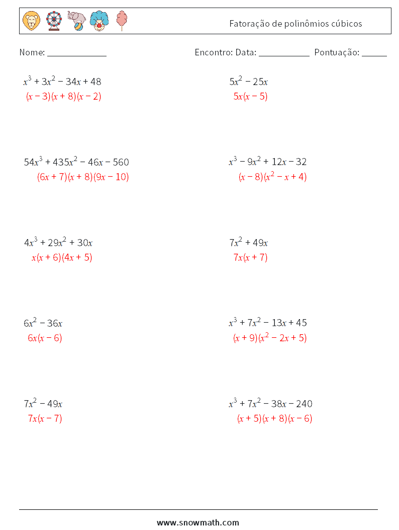 Fatoração de polinômios cúbicos planilhas matemáticas 7 Pergunta, Resposta