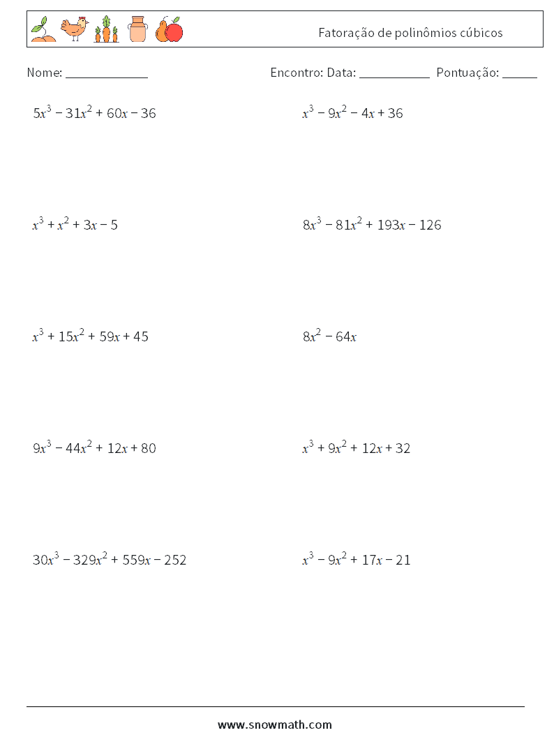 Fatoração de polinômios cúbicos planilhas matemáticas 8