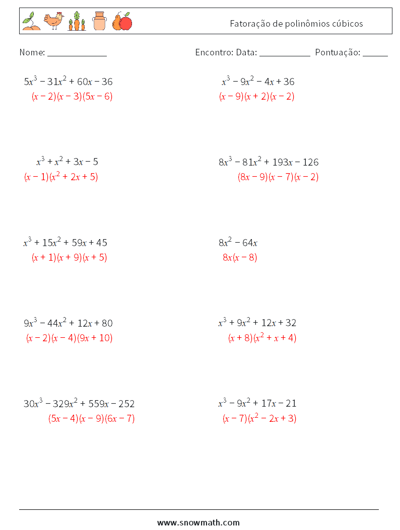 Fatoração de polinômios cúbicos planilhas matemáticas 8 Pergunta, Resposta