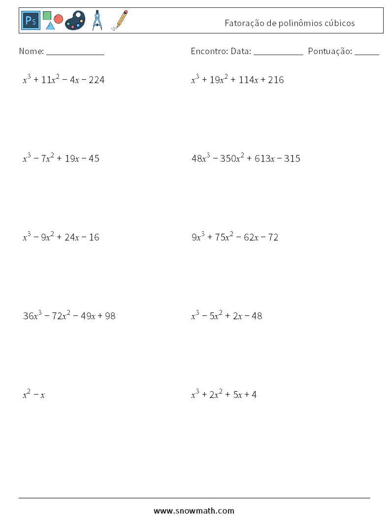 Fatoração de polinômios cúbicos planilhas matemáticas 9