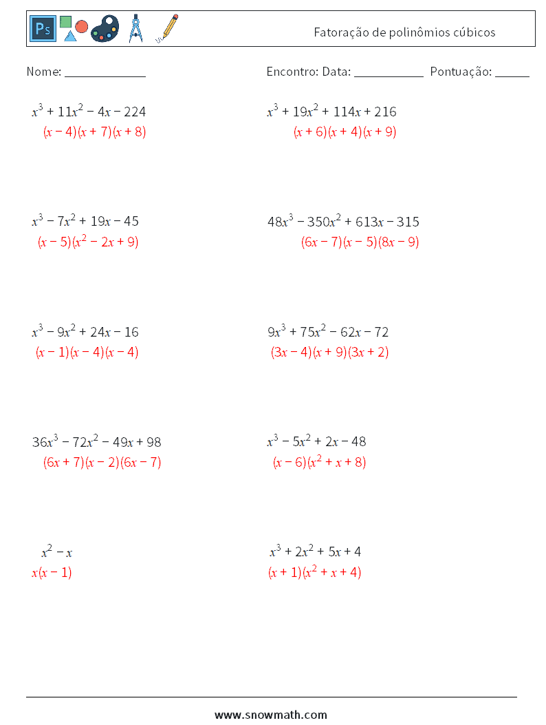 Fatoração de polinômios cúbicos planilhas matemáticas 9 Pergunta, Resposta