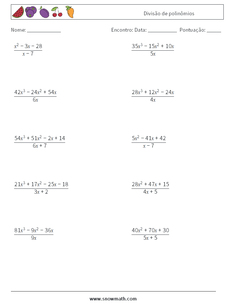 Divisão de polinômios planilhas matemáticas 1