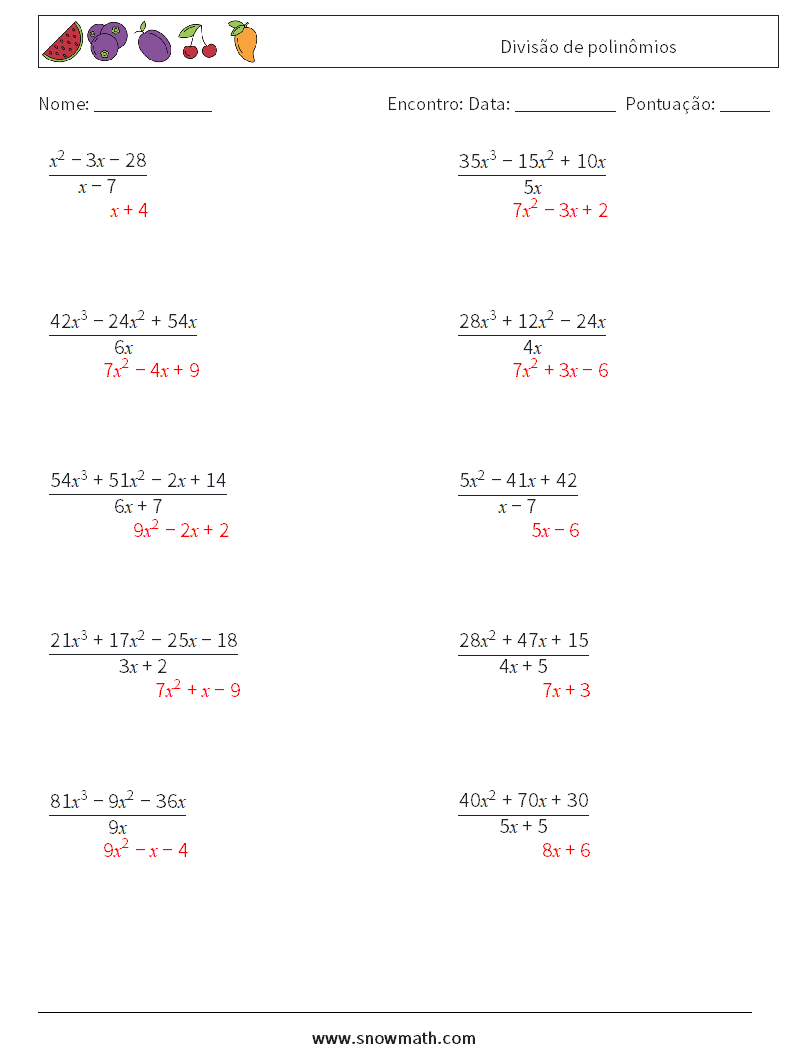 Divisão de polinômios planilhas matemáticas 1 Pergunta, Resposta