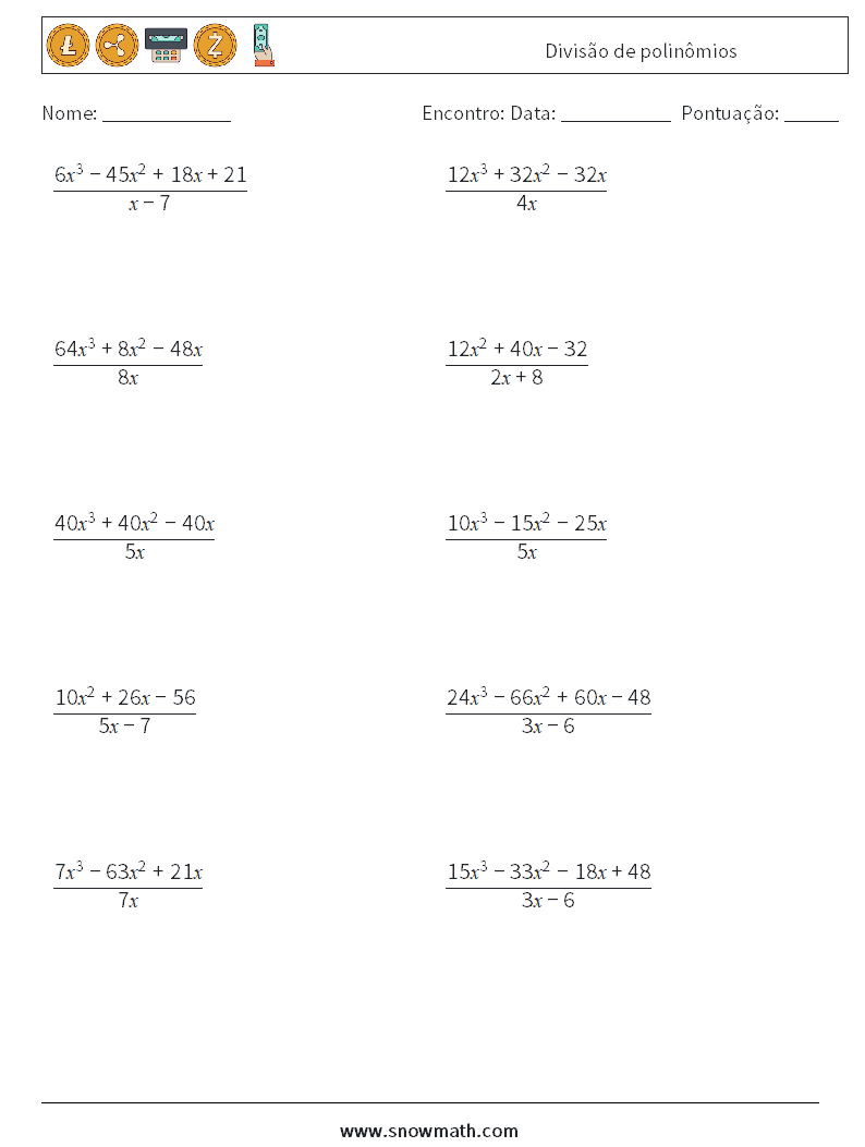 Divisão de polinômios planilhas matemáticas 2