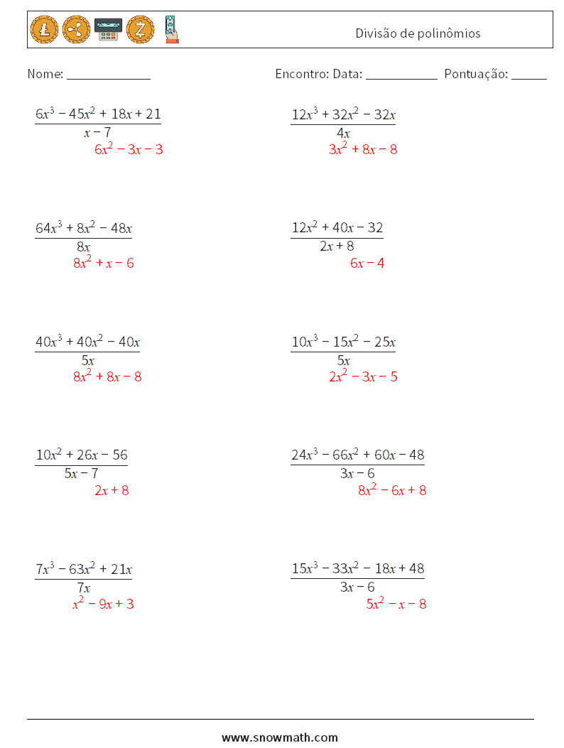 Divisão de polinômios planilhas matemáticas 2 Pergunta, Resposta