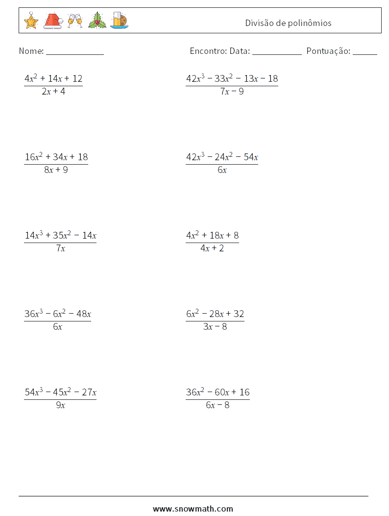 Divisão de polinômios planilhas matemáticas 3