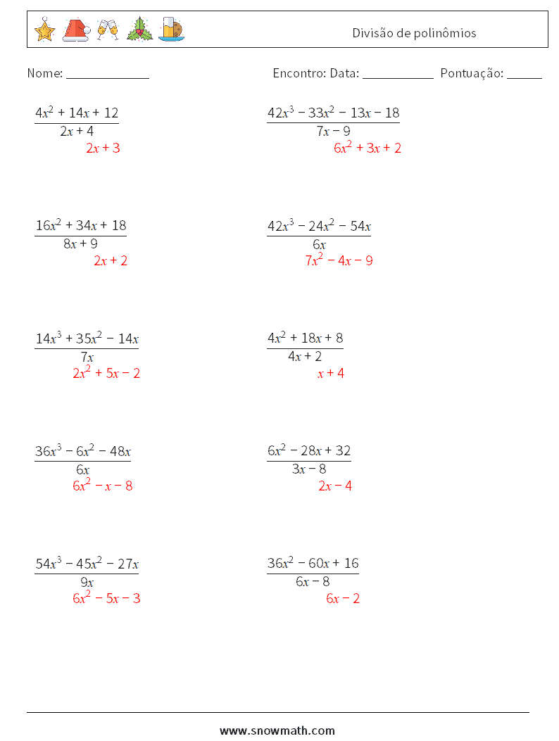 Divisão de polinômios planilhas matemáticas 3 Pergunta, Resposta