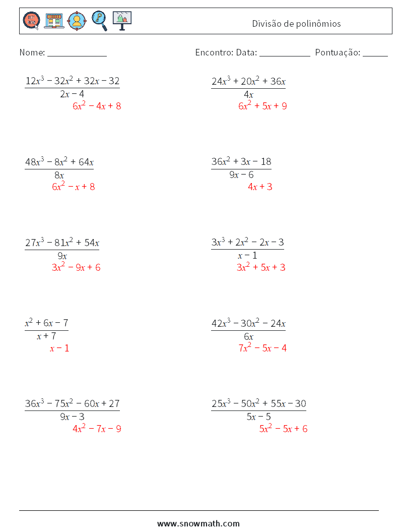Divisão de polinômios planilhas matemáticas 4 Pergunta, Resposta