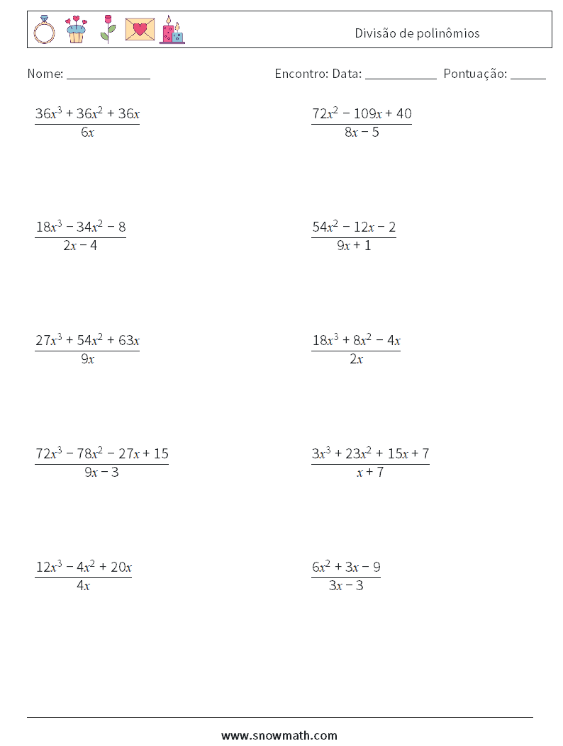 Divisão de polinômios planilhas matemáticas 5