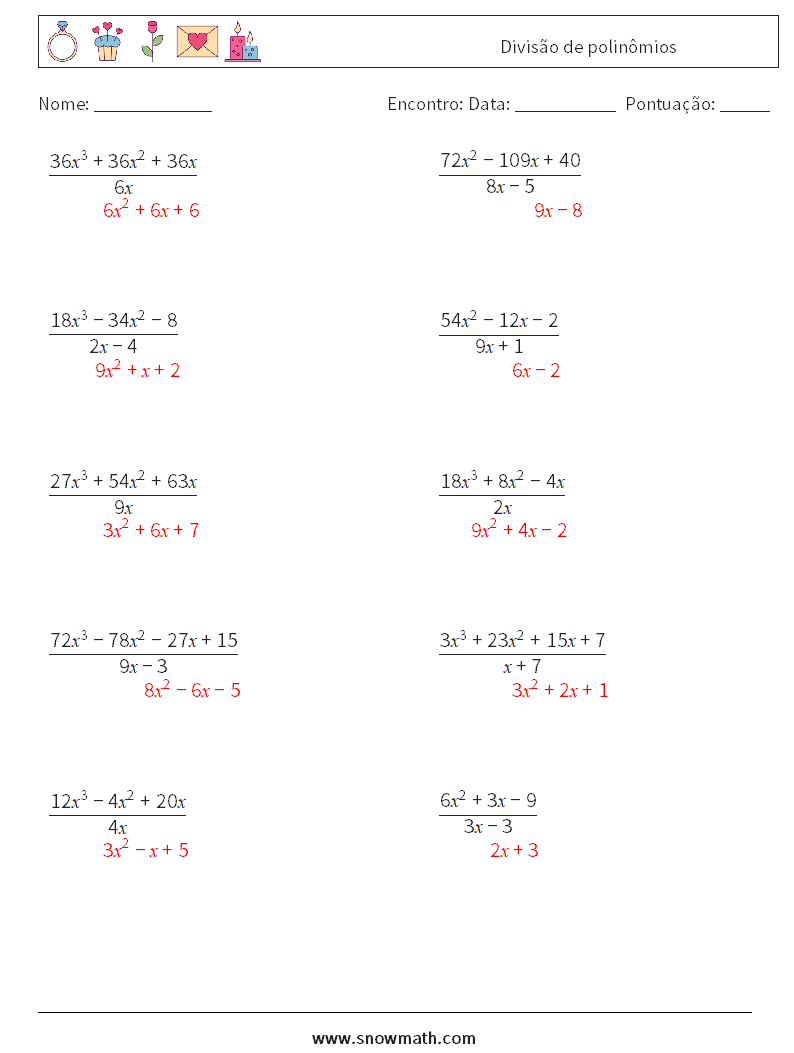Divisão de polinômios planilhas matemáticas 5 Pergunta, Resposta