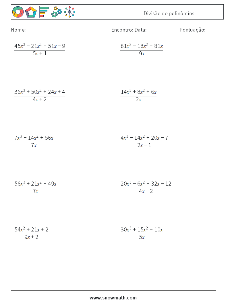 Divisão de polinômios planilhas matemáticas 6