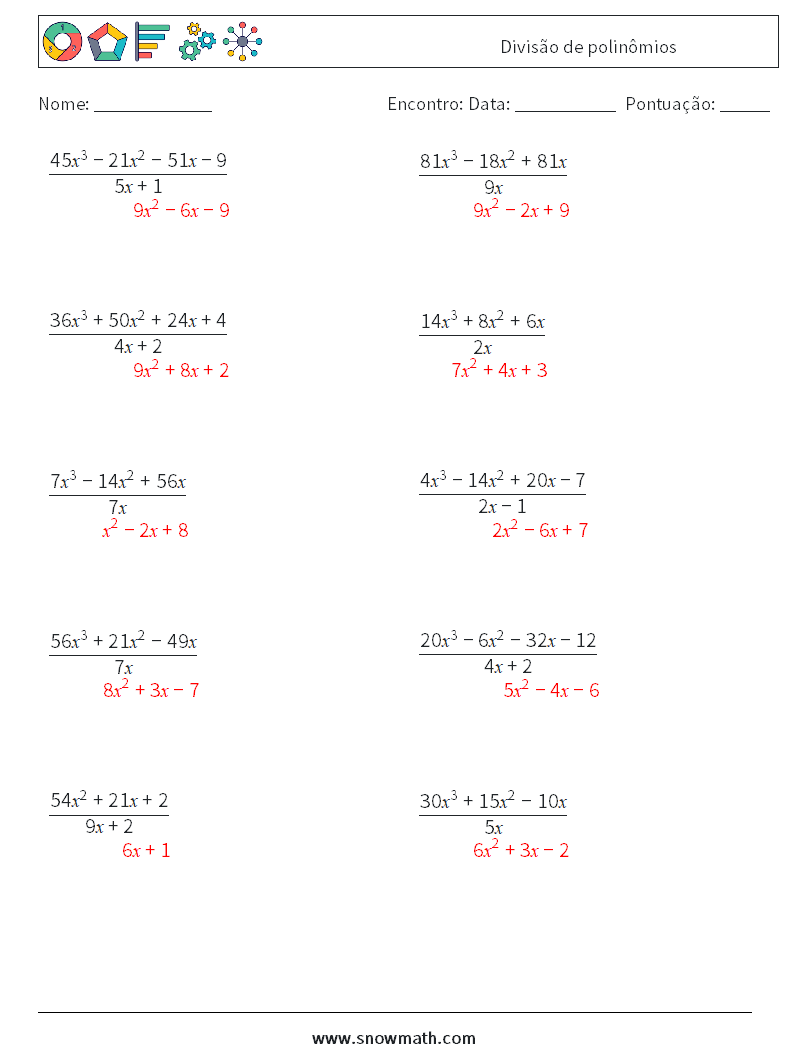 Divisão de polinômios planilhas matemáticas 6 Pergunta, Resposta