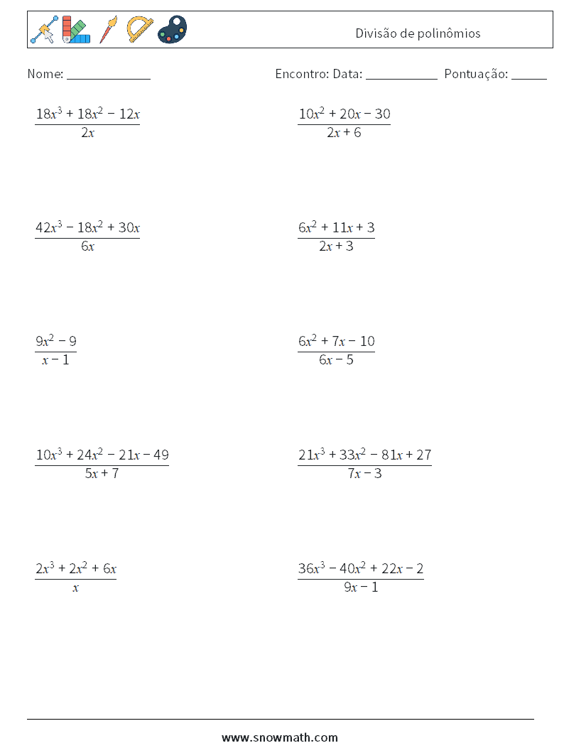 Divisão de polinômios planilhas matemáticas 7