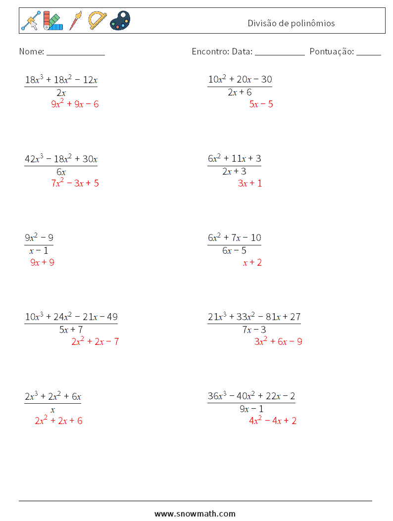 Divisão de polinômios planilhas matemáticas 7 Pergunta, Resposta