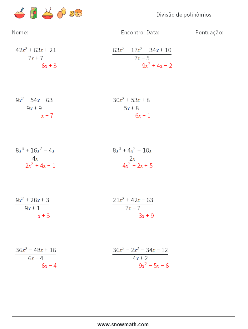 Divisão de polinômios planilhas matemáticas 8 Pergunta, Resposta