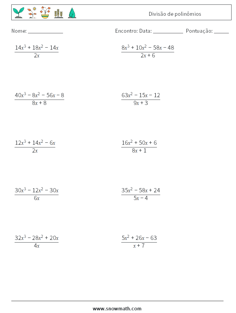 Divisão de polinômios planilhas matemáticas 9