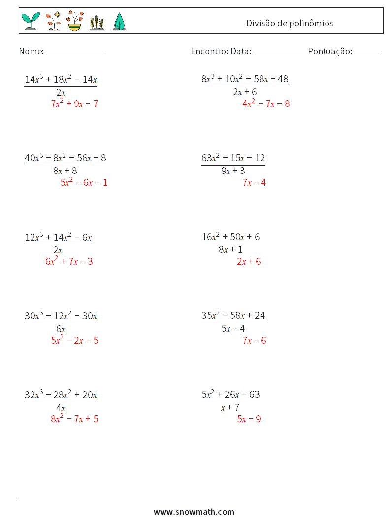 Divisão de polinômios planilhas matemáticas 9 Pergunta, Resposta