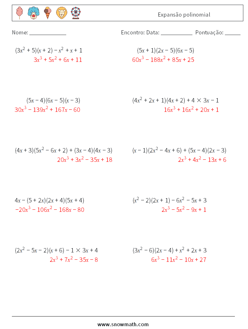 Expansão polinomial planilhas matemáticas 5 Pergunta, Resposta