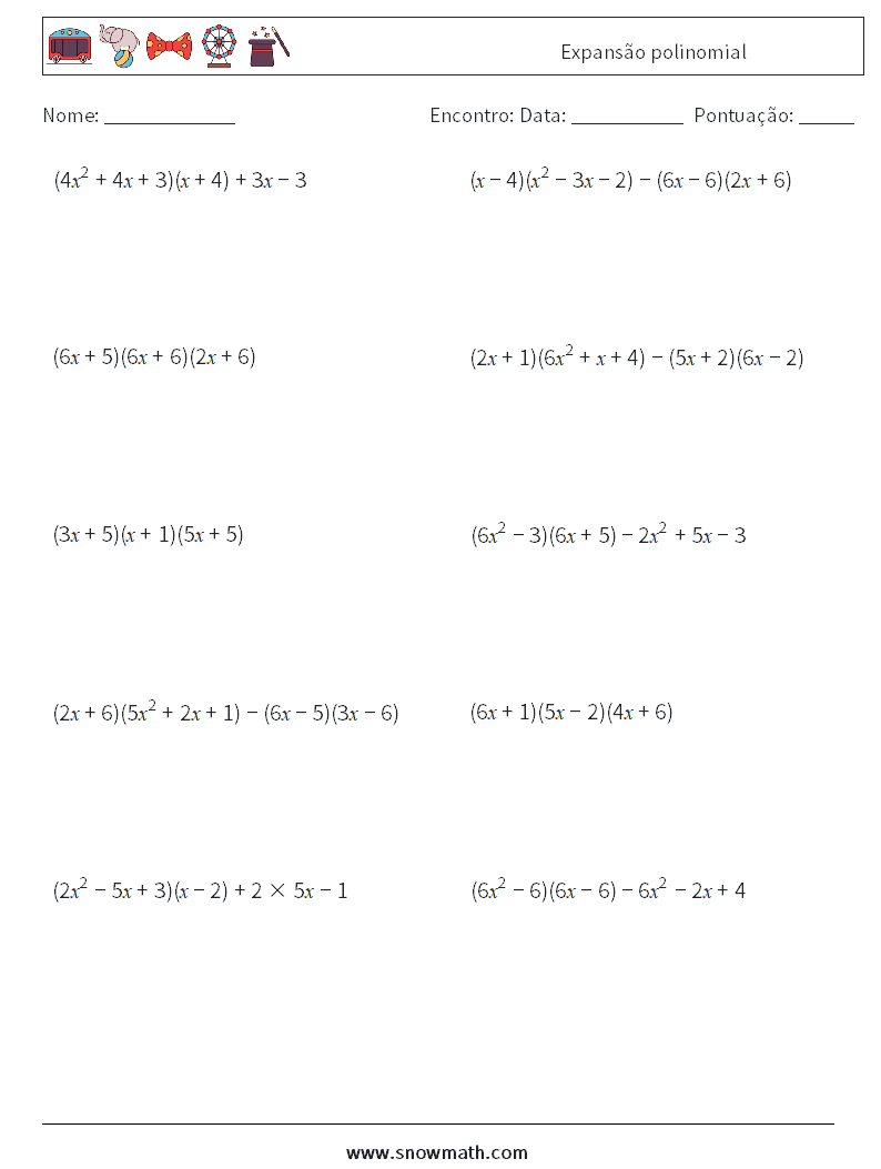 Expansão polinomial planilhas matemáticas 7