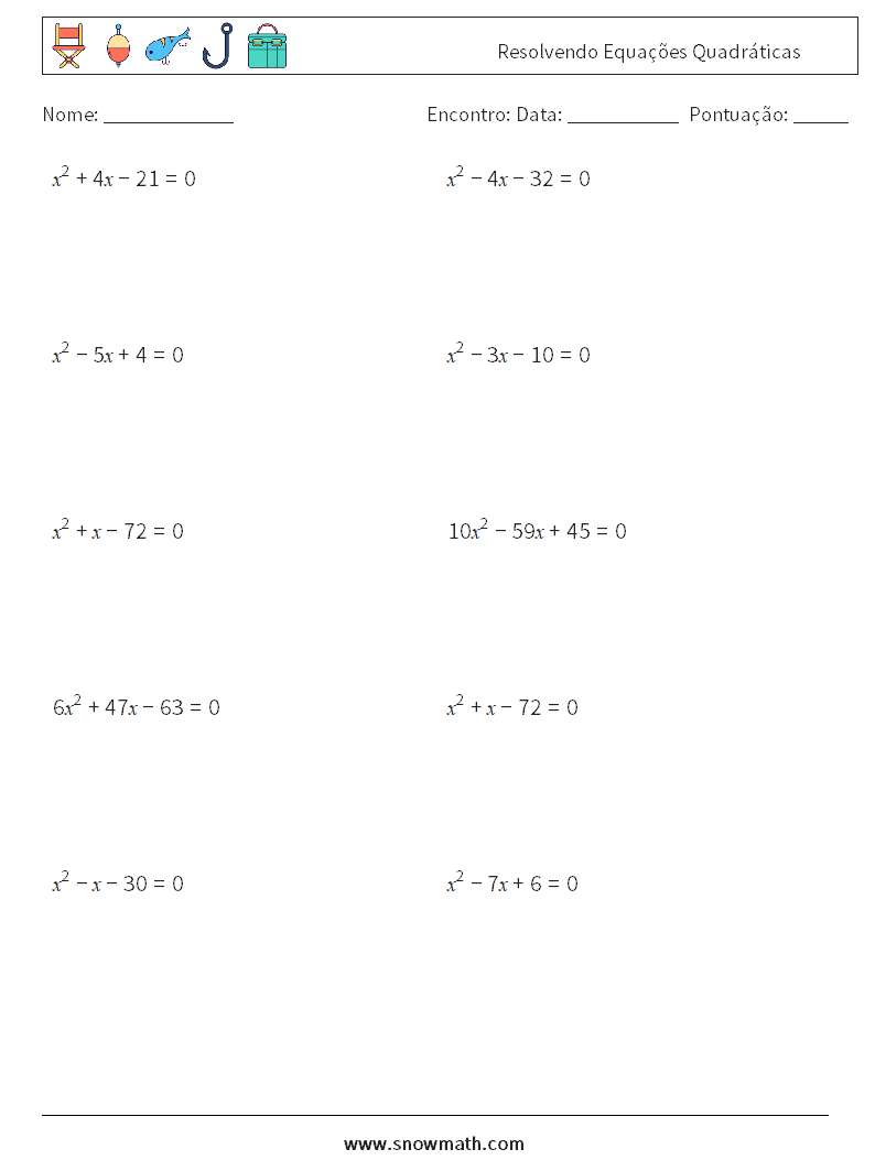 Resolvendo Equações Quadráticas planilhas matemáticas 7