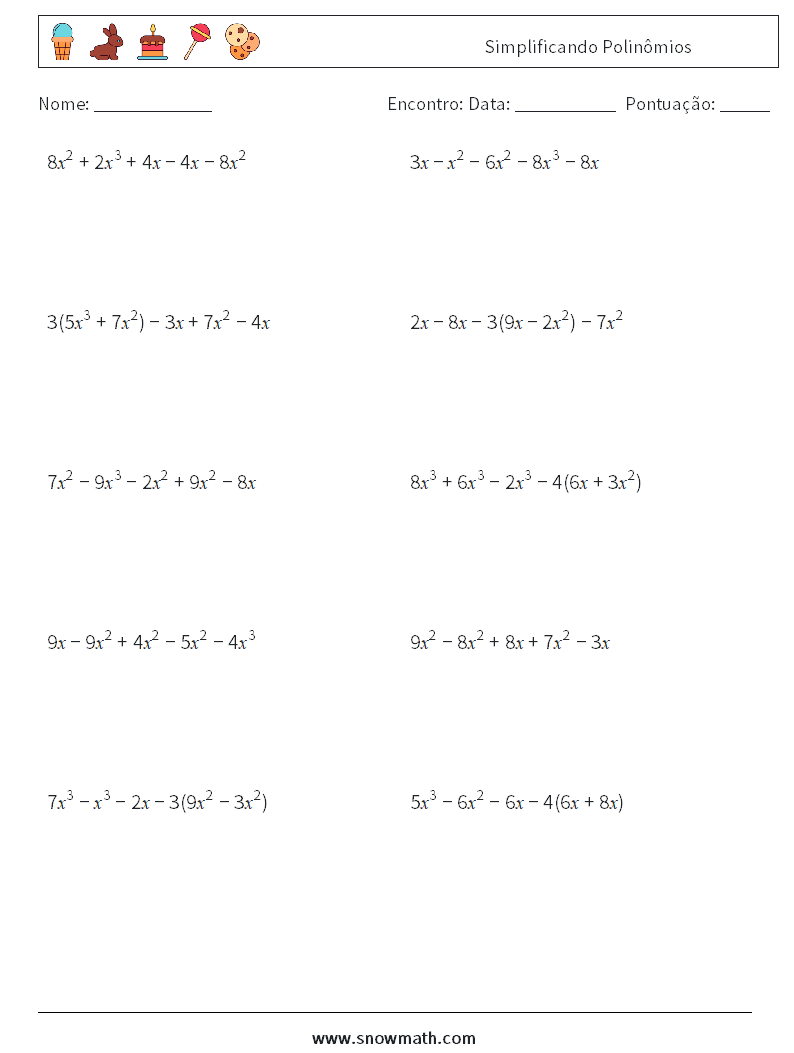 Simplificando Polinômios planilhas matemáticas 7