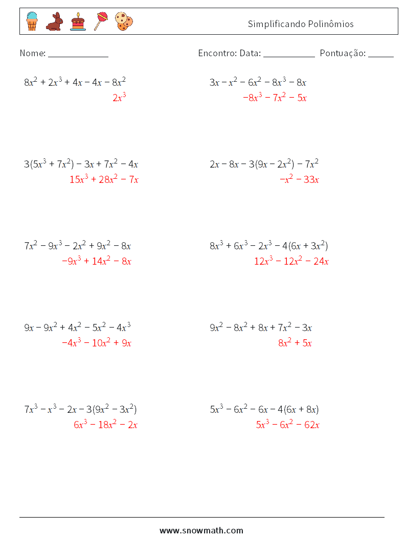 Simplificando Polinômios planilhas matemáticas 7 Pergunta, Resposta