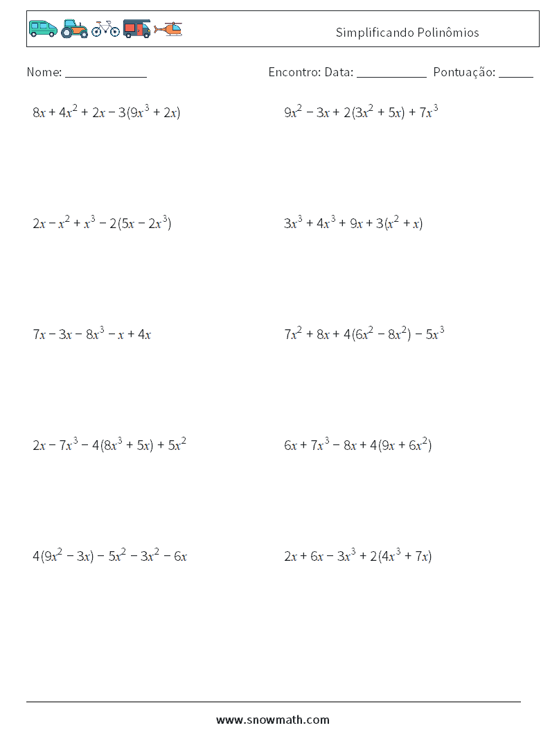 Simplificando Polinômios planilhas matemáticas 8