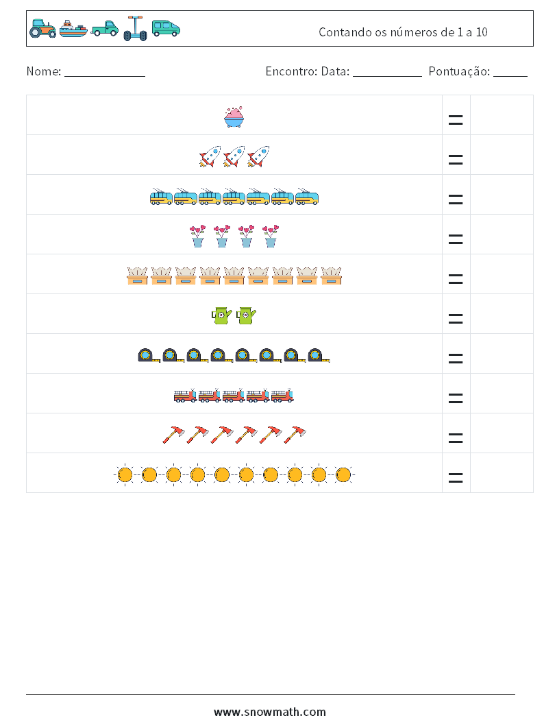 Contando os números de 1 a 10 planilhas matemáticas 1