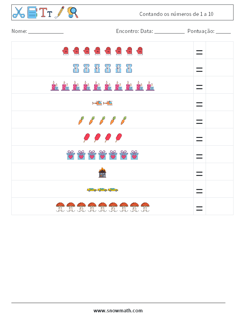 Contando os números de 1 a 10 planilhas matemáticas 10