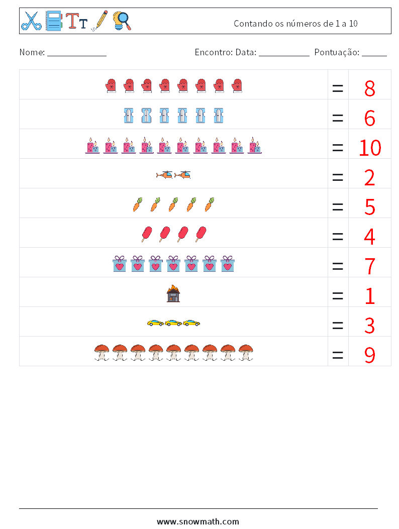 Contando os números de 1 a 10 planilhas matemáticas 10 Pergunta, Resposta