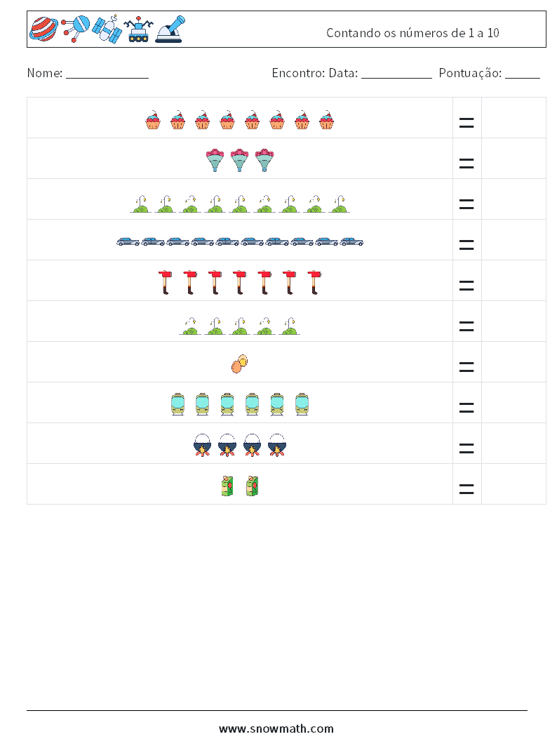 Contando os números de 1 a 10 planilhas matemáticas 11