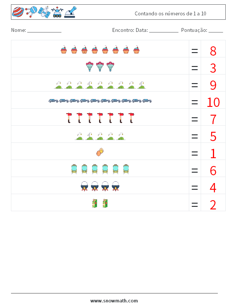 Contando os números de 1 a 10 planilhas matemáticas 11 Pergunta, Resposta