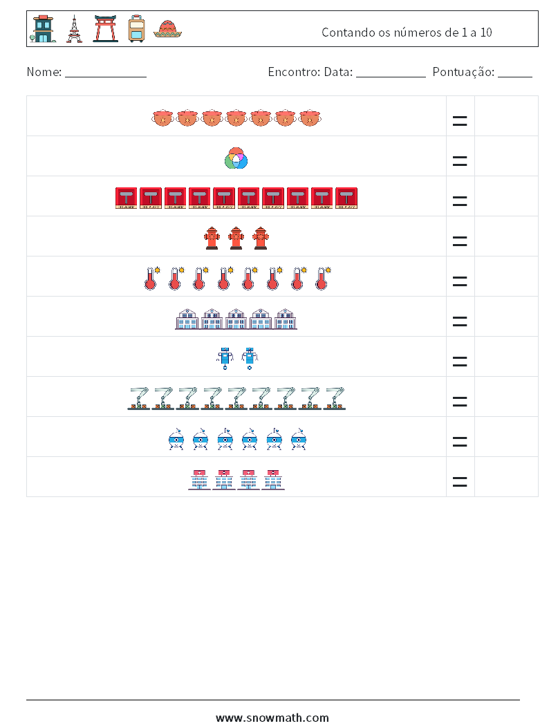 Contando os números de 1 a 10 planilhas matemáticas 12