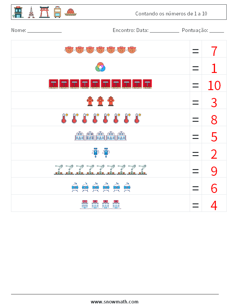 Contando os números de 1 a 10 planilhas matemáticas 12 Pergunta, Resposta