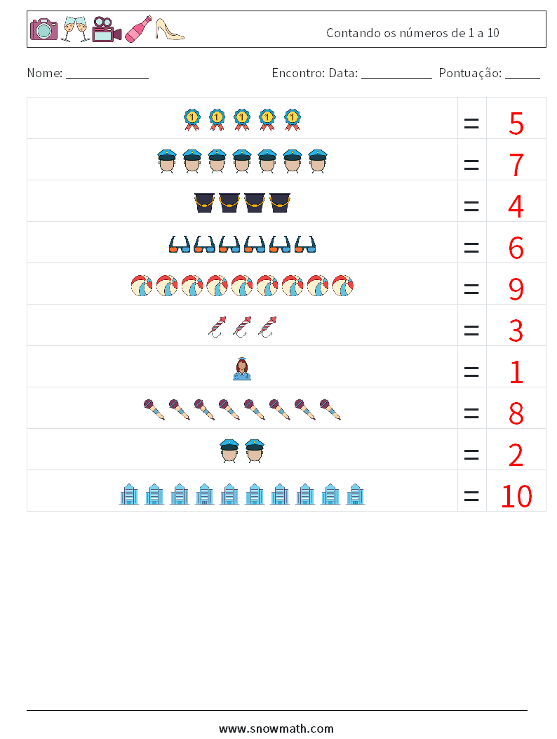 Contando os números de 1 a 10 planilhas matemáticas 13 Pergunta, Resposta