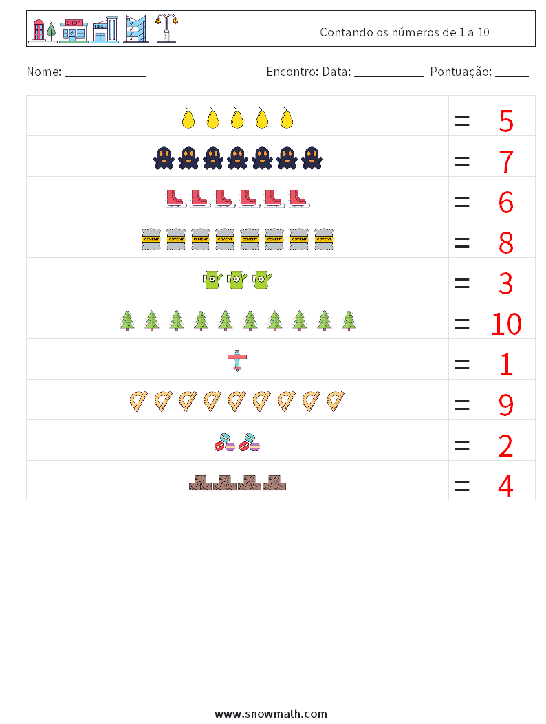 Contando os números de 1 a 10 planilhas matemáticas 14 Pergunta, Resposta