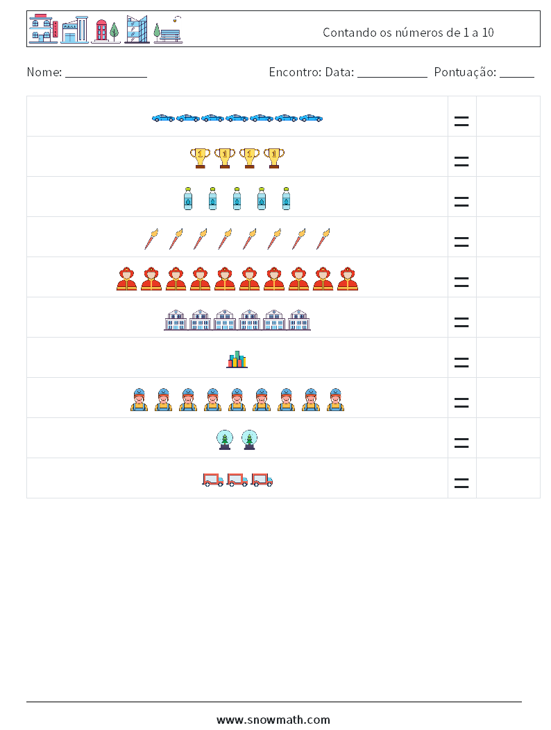 Contando os números de 1 a 10 planilhas matemáticas 16