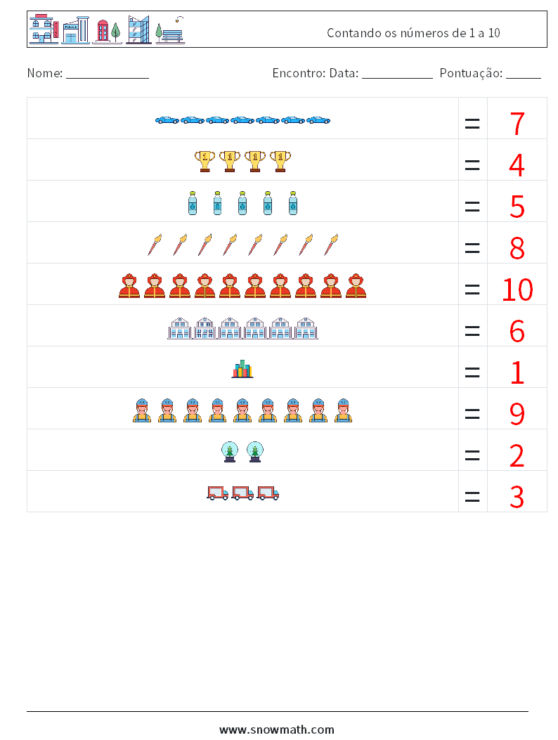 Contando os números de 1 a 10 planilhas matemáticas 16 Pergunta, Resposta