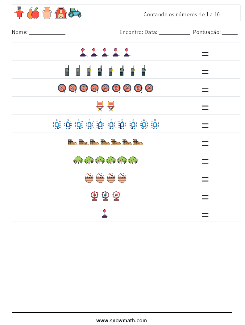Contando os números de 1 a 10 planilhas matemáticas 18