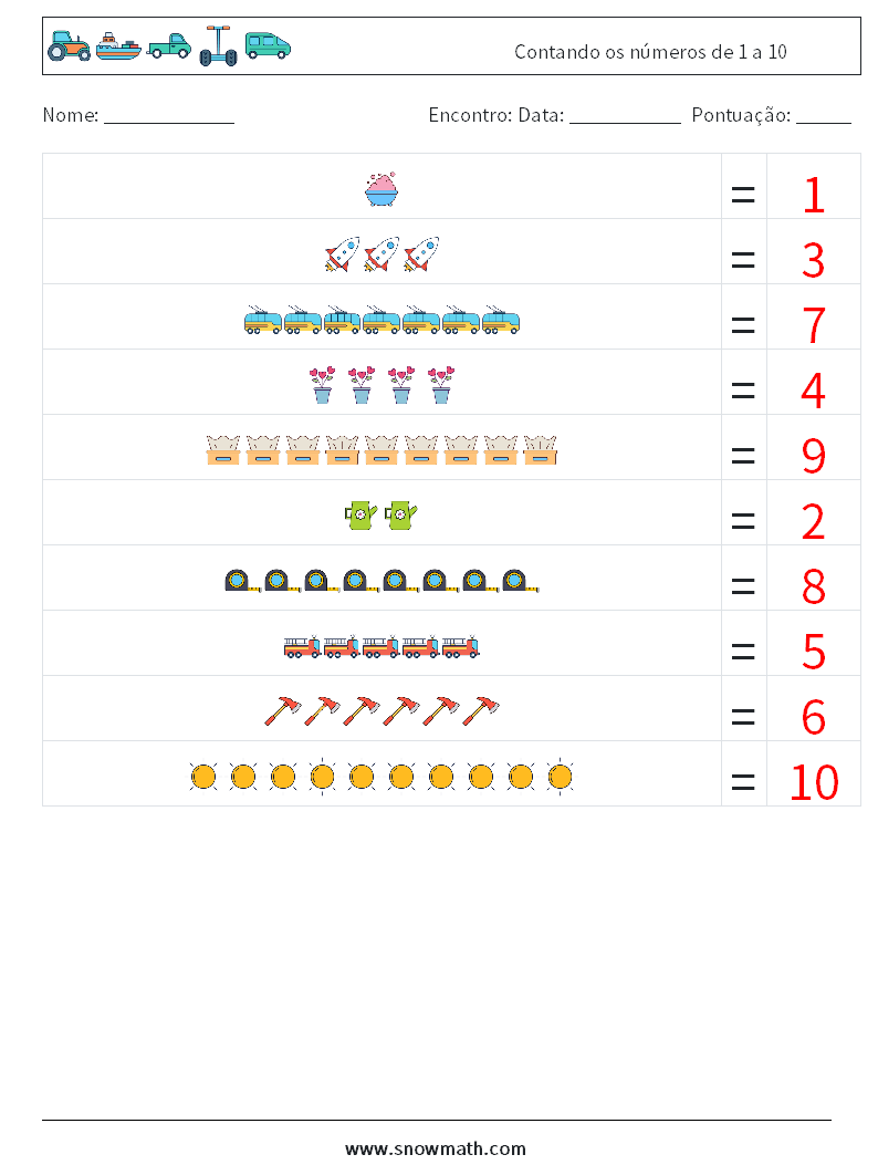 Contando os números de 1 a 10 planilhas matemáticas 1 Pergunta, Resposta