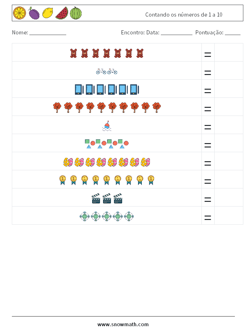 Contando os números de 1 a 10 planilhas matemáticas 2